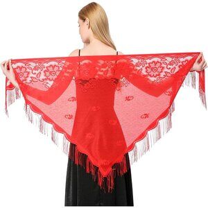 Women Red Triangle Lace Shawl Wrap Floral Lightweight Fringe Scarf Evening Dress